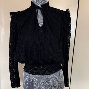 Black Lace Long-Sleeve Blouse - Elegant High Neck